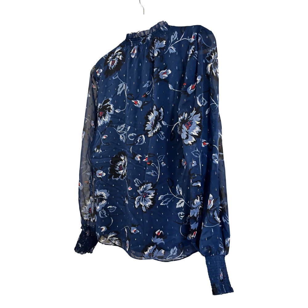 White House Black Market Blouse Blue Floral Ruffle Neck Metallic Silk Feel 12 - Picture 3 of 5